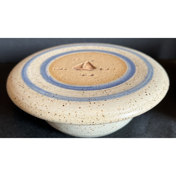 Blue stripe stoneware crock with lid with sail boat  6” X 2.5” - Picture 5 of 11
